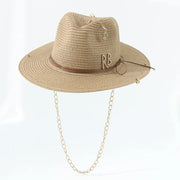 Fashionable Metal Letter Straw Hats for Women Men Summer Outdoor Holidays Beach Sun Hat Panama Hat