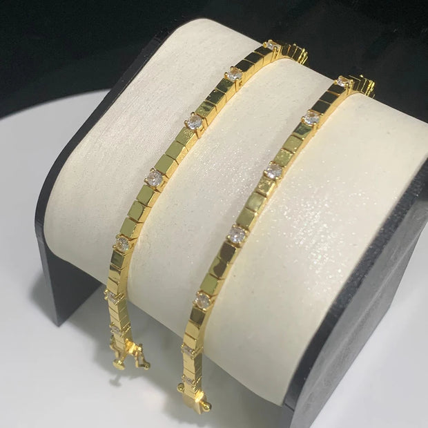 3MM Width Geometric Square Plain Beaded 5A Cubic Zirconia CZ Mix Sparking Tennis Chain Delicate Fashion Women Bracelet