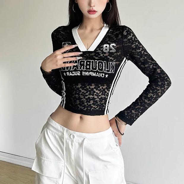 HLJ Y2K Sexy Lace Two Piece Set for Woman Letter Printing See Through Long Sleeve Crop Top + Shorts Suits Female Streetwear New