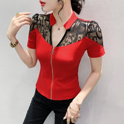 Summer European Clothes Sexy V Necks T-Shirt Women Embroidery Lace Front Zipper Slim Tops
