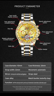 2025 Year Month Sunday Multi-functional Mechanical Watch GLENAW Watch Diamond Circle Stainless Steel Waterproof Luminous Watches