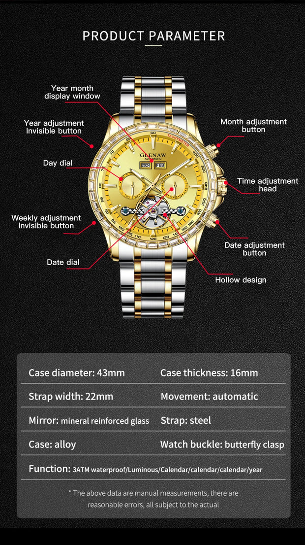2025 Year Month Sunday Multi-functional Mechanical Watch GLENAW Watch Diamond Circle Stainless Steel Waterproof Luminous Watches
