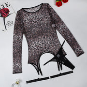 MUZISKAT High Quality 2024 Hot New Women's Leopard Mesh Sexy See-Through Body Shaping Erotic Lingerie Set Onlyfans