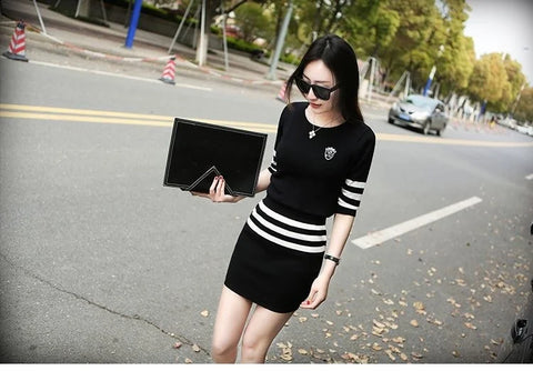 Women's Short Hip Wrap Skirt Suit 2024 Spring Summer New Fashion Stripe Knitted Crop Tops Dress Two Piece Set For Women Clothing
