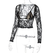 HLJ Y2K Sexy Lace Two Piece Set for Woman Letter Printing See Through Long Sleeve Crop Top + Shorts Suits Female Streetwear New