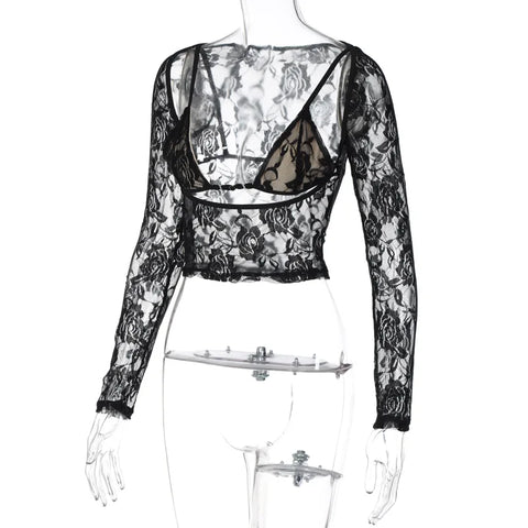 HLJ Y2K Sexy Lace Two Piece Set for Woman Letter Printing See Through Long Sleeve Crop Top + Shorts Suits Female Streetwear New