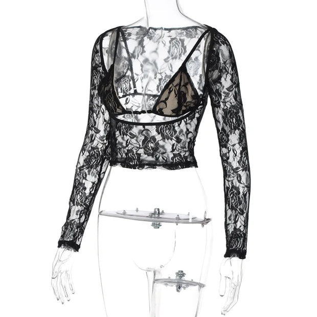 HLJ Y2K Sexy Lace Two Piece Set for Woman Letter Printing See Through Long Sleeve Crop Top + Shorts Suits Female Streetwear New