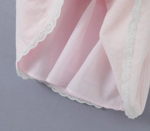 2023 Sexy Pink Spliced Embroidery Lace Deep V neck Mini Sling Dress Women Adjust Bow Ribbon Back Backless Party Robe Holiday