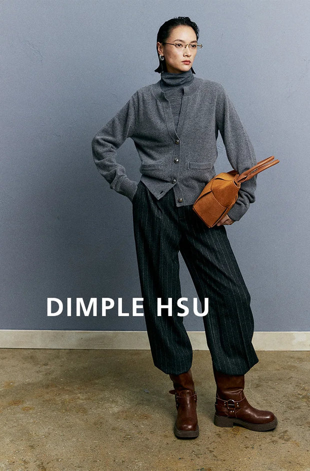Autumn/Winter Knitted Loose Cardigan Jacket Pure Wool Sweater Temperament round Neck Slim Fit Long Sleeve Top for Women