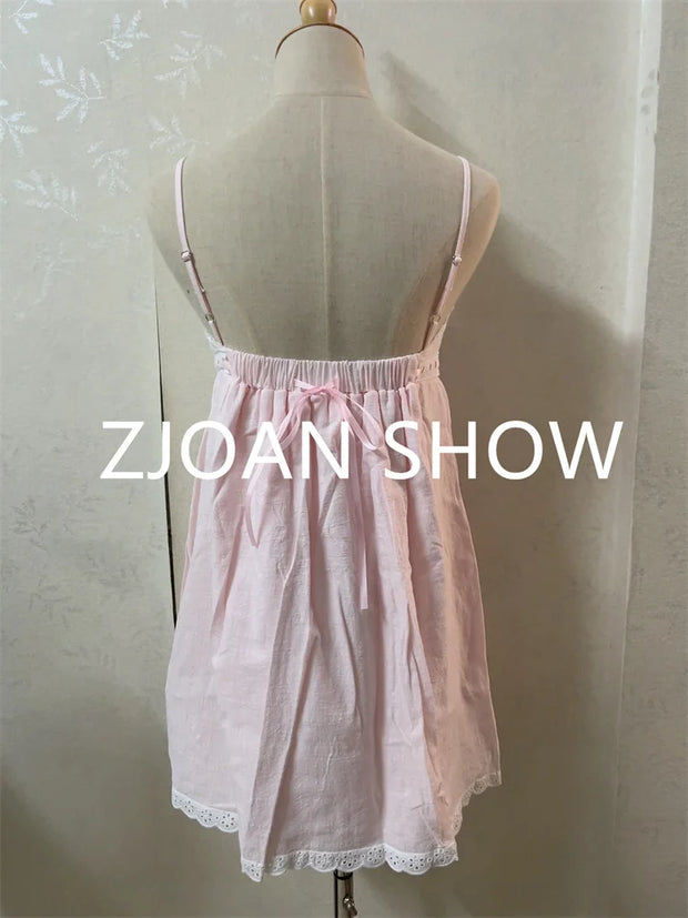 2023 Sexy Pink Spliced Embroidery Lace Deep V neck Mini Sling Dress Women Adjust Bow Ribbon Back Backless Party Robe Holiday