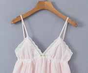 2023 Sexy Pink Spliced Embroidery Lace Deep V neck Mini Sling Dress Women Adjust Bow Ribbon Back Backless Party Robe Holiday