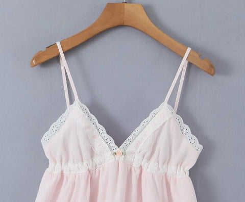 2023 Sexy Pink Spliced Embroidery Lace Deep V neck Mini Sling Dress Women Adjust Bow Ribbon Back Backless Party Robe Holiday