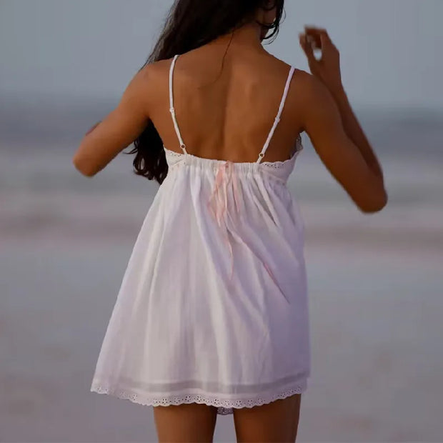 2023 Sexy Pink Spliced Embroidery Lace Deep V neck Mini Sling Dress Women Adjust Bow Ribbon Back Backless Party Robe Holiday