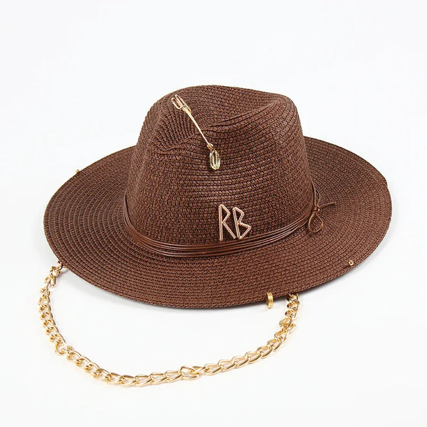 Fashionable Metal Letter Straw Hats for Women Men Summer Outdoor Holidays Beach Sun Hat Panama Hat
