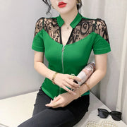 Summer European Clothes Sexy V Necks T-Shirt Women Embroidery Lace Front Zipper Slim Tops