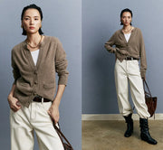 Autumn/Winter Knitted Loose Cardigan Jacket Pure Wool Sweater Temperament round Neck Slim Fit Long Sleeve Top for Women