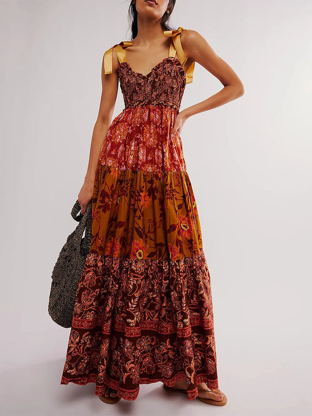 Imcute Women Summer Dresses Flowy Smocked Maxi Dress Sleeveless Tie Shoulder Boho Dresses Y2K Floral Beach Sundresses