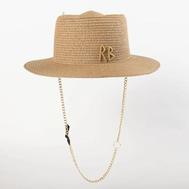 Fashionable Metal Letter Straw Hats for Women Men Summer Outdoor Holidays Beach Sun Hat Panama Hat