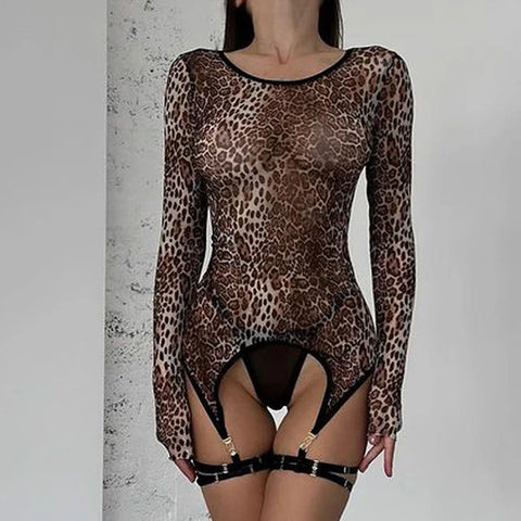 MUZISKAT High Quality 2024 Hot New Women's Leopard Mesh Sexy See-Through Body Shaping Erotic Lingerie Set Onlyfans