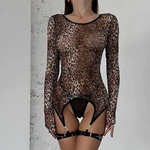 MUZISKAT High Quality 2024 Hot New Women's Leopard Mesh Sexy See-Through Body Shaping Erotic Lingerie Set Onlyfans