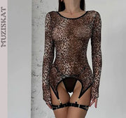 MUZISKAT High Quality 2024 Hot New Women's Leopard Mesh Sexy See-Through Body Shaping Erotic Lingerie Set Onlyfans