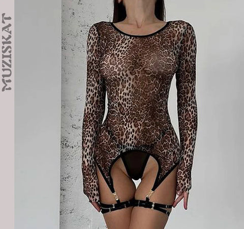 MUZISKAT High Quality 2024 Hot New Women's Leopard Mesh Sexy See-Through Body Shaping Erotic Lingerie Set Onlyfans