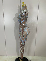 Sexy Shiny Silver Sequins Mirror Black Spandex Jumpsuit 2025 Women Prom Dancer Singer Costume Evening Birthday Show Stage Outfit
