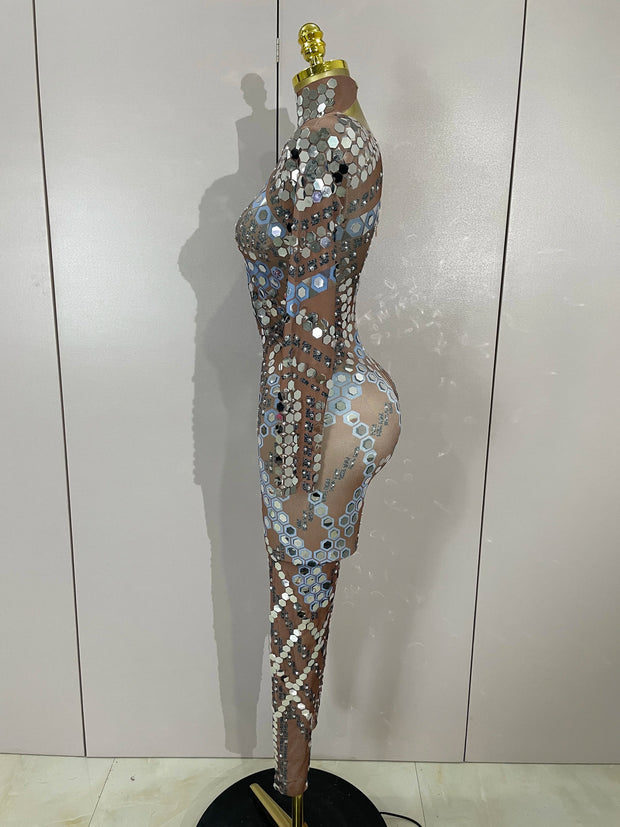 Sexy Shiny Silver Sequins Mirror Black Spandex Jumpsuit 2025 Women Prom Dancer Singer Costume Evening Birthday Show Stage Outfit