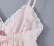 2023 Sexy Pink Spliced Embroidery Lace Deep V neck Mini Sling Dress Women Adjust Bow Ribbon Back Backless Party Robe Holiday