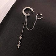 Shiny Silver Color Crystal Cross Star Tassel Ear Clip for Women Trendy Rhinestone Long Fake Cartilage Piercing Ear Cuff Jewelry