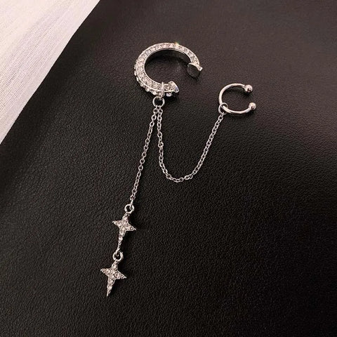 Shiny Silver Color Crystal Cross Star Tassel Ear Clip for Women Trendy Rhinestone Long Fake Cartilage Piercing Ear Cuff Jewelry