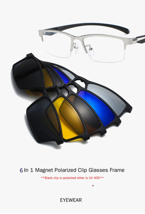HDCRAFTER 6 In 1 Magnet Polarized Clip Glasses Frame Men TR90 Optical Myopia Clip Glasses For Men Prescription Eyeglasses Frame