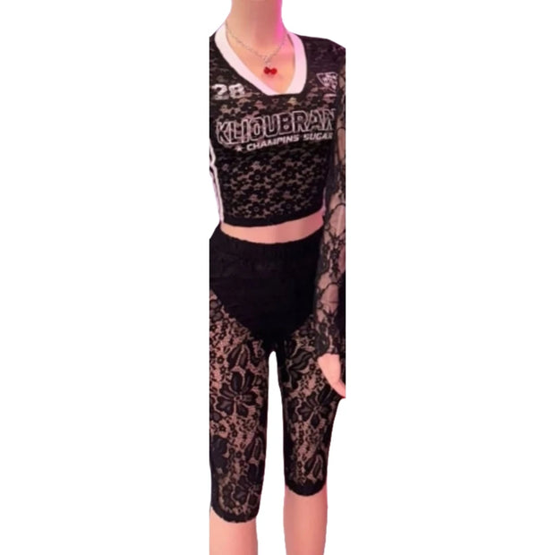HLJ Y2K Sexy Lace Two Piece Set for Woman Letter Printing See Through Long Sleeve Crop Top + Shorts Suits Female Streetwear New