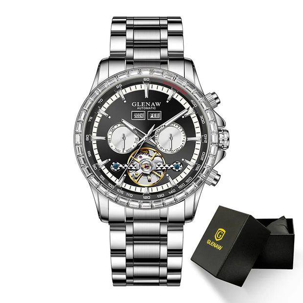 2025 Year Month Sunday Multi-functional Mechanical Watch GLENAW Watch Diamond Circle Stainless Steel Waterproof Luminous Watches
