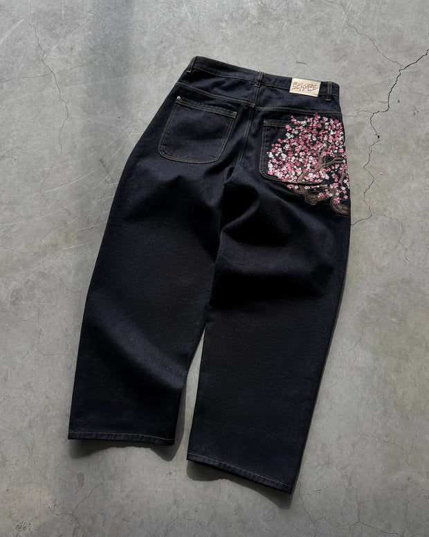 Y2k Vintage Baggy Cherry Blossom Knight Embroidery Jeans Fashion Men Women Streetwear Straight Wide Leg Patchwork Denim Pants