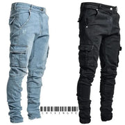 Jeans Men Pants Wash Solid Color Multi Pockets Denim Mid Waist Cargo Jeans Plus Size Fahsion Casual Trousers Male Daily Wear