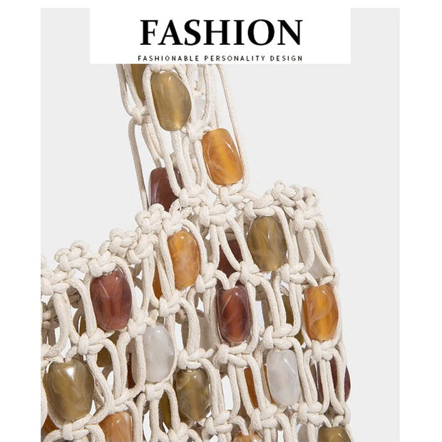 Women Beaded Bag Summer Design Hollow-out Woven Bead Tote Bag Shoulder Bag Female Small Handbag