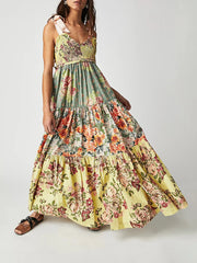 Imcute Women Summer Dresses Flowy Smocked Maxi Dress Sleeveless Tie Shoulder Boho Dresses Y2K Floral Beach Sundresses