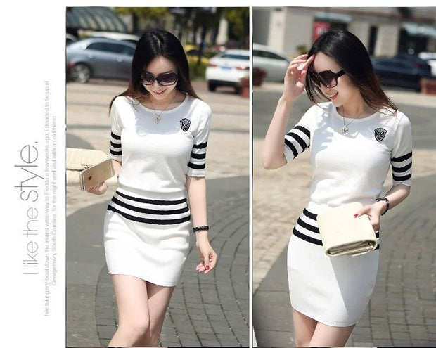 Women's Short Hip Wrap Skirt Suit 2024 Spring Summer New Fashion Stripe Knitted Crop Tops Dress Two Piece Set For Women Clothing