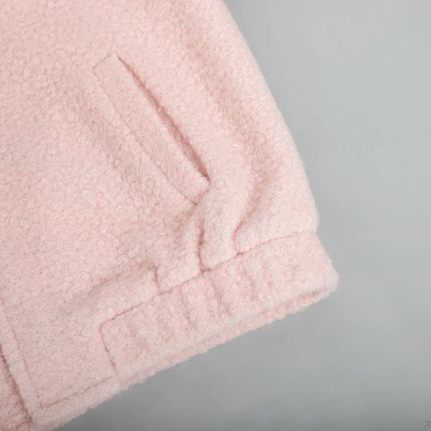 TARUXY Pink Short Fur Jacket Coat For Women Autumn Winter Casual Stand Collar Pocket Loose Fashion Long Sleeve Jacket Top Female
