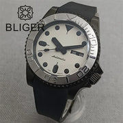 BLIGER 40mm 3.8 O'clock Crown Watch For Men NH36 Movement Week-day Display Function Full Black PVD Case Rubber Strap Waterproof