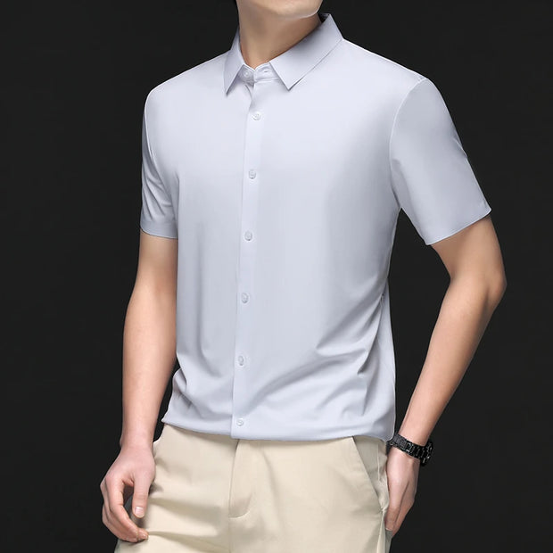 New Men's Business Casual Solid Color Short Sleeved Shirt for Summer Fashion No Ironing Comfortable and Versatile Top