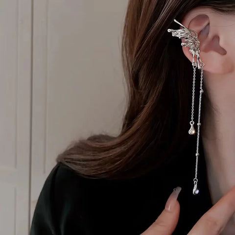 Shiny Silver Color Crystal Cross Star Tassel Ear Clip for Women Trendy Rhinestone Long Fake Cartilage Piercing Ear Cuff Jewelry
