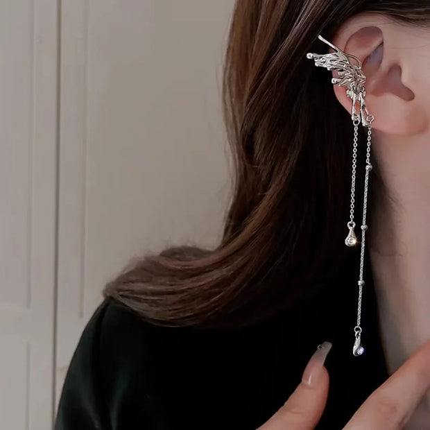 Shiny Silver Color Crystal Cross Star Tassel Ear Clip for Women Trendy Rhinestone Long Fake Cartilage Piercing Ear Cuff Jewelry