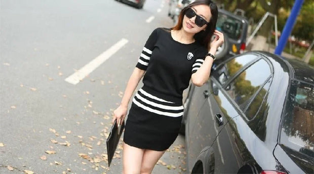 Women's Short Hip Wrap Skirt Suit 2024 Spring Summer New Fashion Stripe Knitted Crop Tops Dress Two Piece Set For Women Clothing