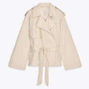 Lace Up Trench Coat With Belt Suit Collar Waist Cinched Slimming Drop Shoulder Short Windbreaker Jacket Retro Casual Outwear
