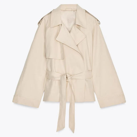 Lace Up Trench Coat With Belt Suit Collar Waist Cinched Slimming Drop Shoulder Short Windbreaker Jacket Retro Casual Outwear