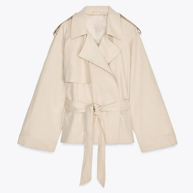 Lace Up Trench Coat With Belt Suit Collar Waist Cinched Slimming Drop Shoulder Short Windbreaker Jacket Retro Casual Outwear
