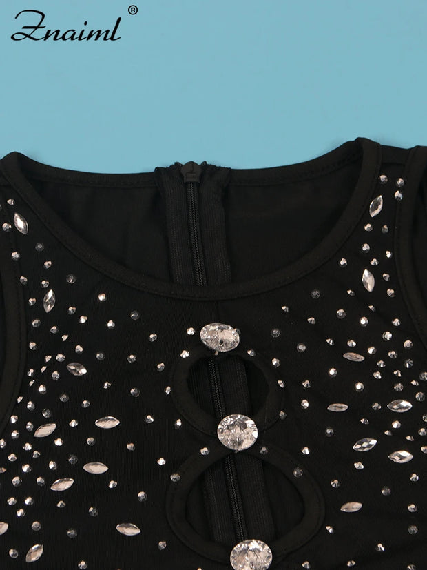 Znaiml Crystal Rhinestone Black Short Jumpsuit Club Outfits Women Sleeveless Hollow Out One Pieces Rompers Playsuits Birthday