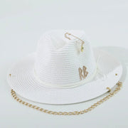 Fashionable Metal Letter Straw Hats for Women Men Summer Outdoor Holidays Beach Sun Hat Panama Hat